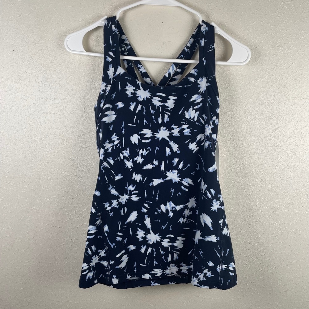 Lucy Fitness Fix Tank Navy White Inkblot‎ Print Built in Support Women's S
